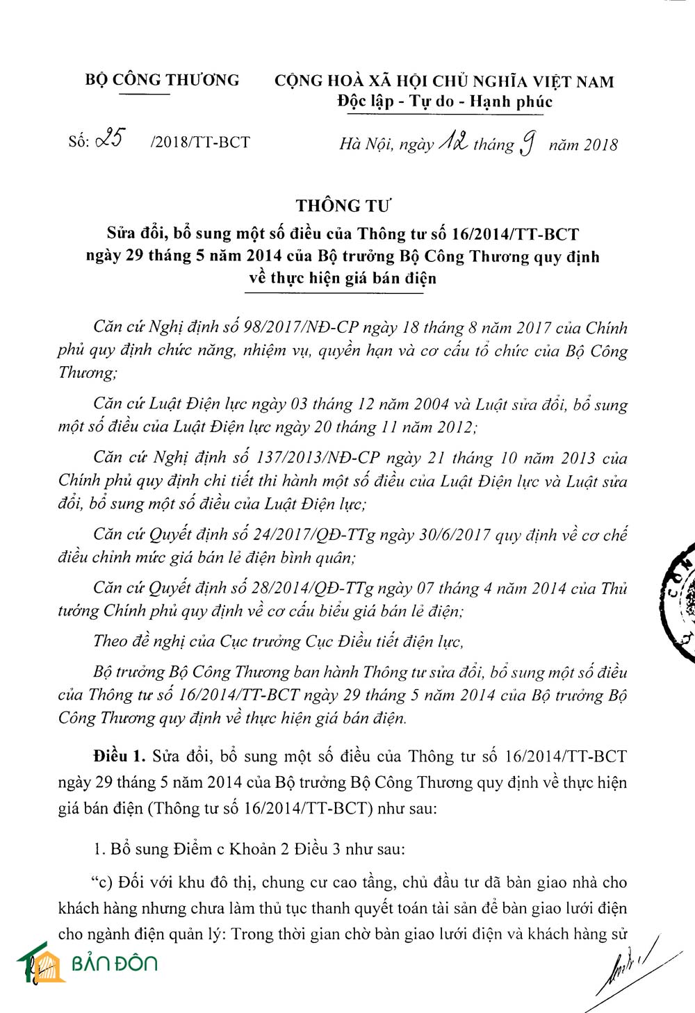 THÔNG TƯ 25 - GIÁ ĐIỆN NHÀ NƯỚC